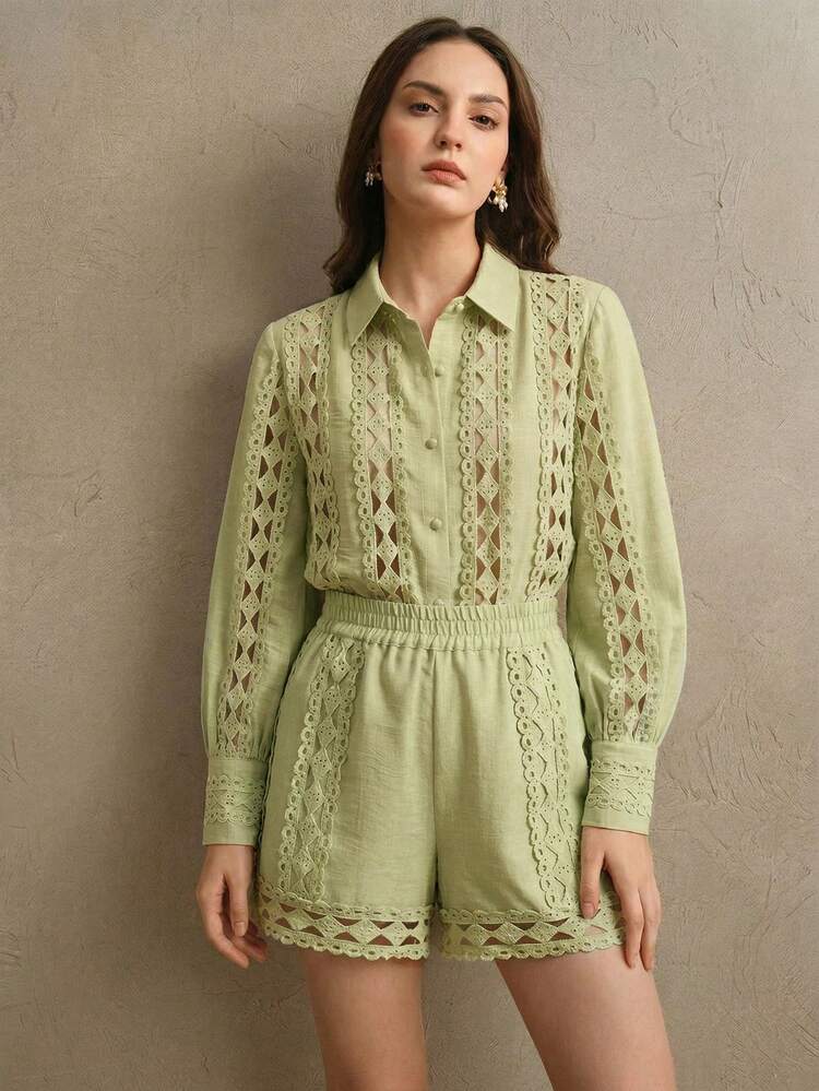 Elegant Lace Patchwork Hollow-Out Loose Casual Romantic Long Sleeve Blouse For Women