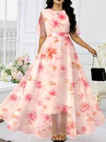 Modelyn 花卉扎染模糊印花大码女装连衣裙，时尚圆领荷叶袖简约长裙，夏季收腰优雅长款连衣裙，花卉图案浅粉色雪纺长裙，适合夏季度假和日常穿着 - 彩色 - 查看 3