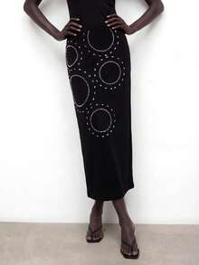 Gossip Girl X SHEIN SHEIN Maija 女士简约设计长款休闲半身裙，夏季 - 黑色 - 查看 5