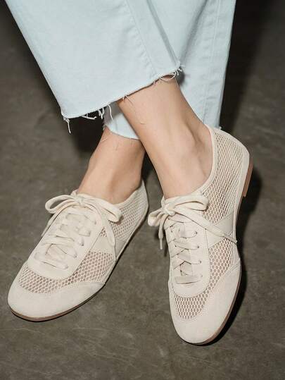 女士休闲系带软底平底鞋，透气网眼仿麂皮拼接方头芭蕾平底鞋，适合暑假、夏季促销、返校、学生制服、圣诞节、秋季、新年