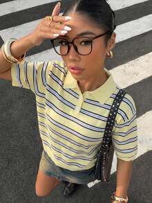 Muchica Yellow Striped Polo Collar Women Short Sleeve Knit Top - Light Yellow - View 1