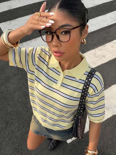 Muchica 黄色条纹 Polo 领女士短袖针织上衣