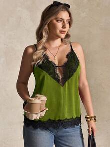 Elegantrix Apricot Lace Camisole, Plus Size Women Fashion Cami Top - Green - View 4