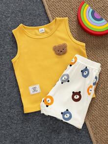 SHEIN 男宝宝夏季无袖圆领背心搭配小熊印花短裤套装，活泼可爱，适合户外探险和欢乐派对时光 - 黃色 - 查看 4