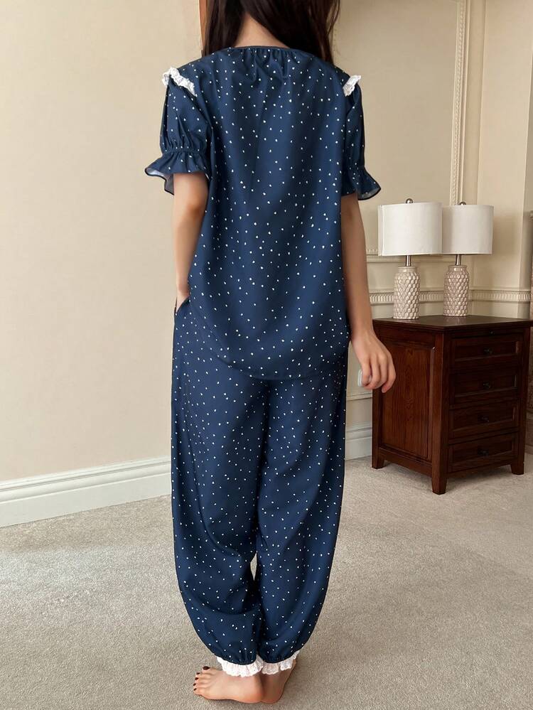 Women's Sweet Heart & Polka Dot Print Contrast Color Ruffle Trim Pajama Set, Summer