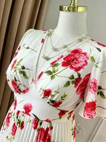 Rometta Plus Size Women V-Neck Short Sleeve Printed Pleated Dress - Red and White - View 4