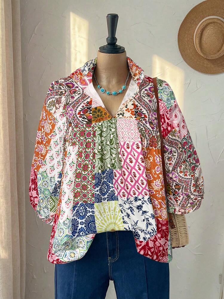 Plus Size Women Allover Print Casual Versatile Daily Wear Shirt
