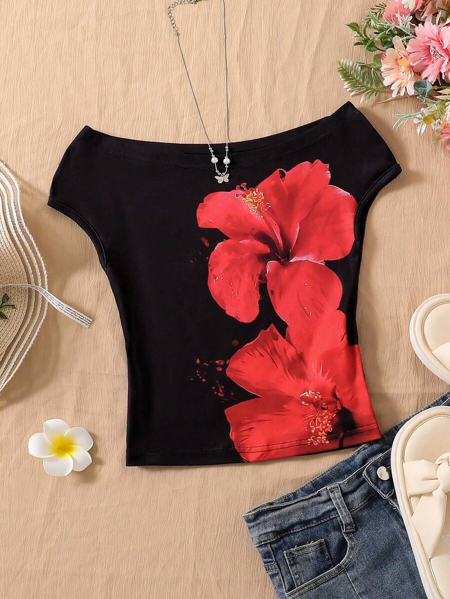 Tween Mädchen Teenager Off-Shoulder Kurzarm T-Shirt, ein hautfreundliches und bequemes Top für den Sommer. Mit einem schwarzen Blume Muster-Design, hat es einen taillenformenden Effekt, um die Figur zu verschlanken und ist ein vielseitiger Stil. Es ist ein lässiges, modisches T-Shirt für ältere und mittlere Kinder, ein stilvoller Off-Shoulder Kurzarm für Kinder, bequem für den täglichen Schulbesuch und Ausflüge. - Schwarz - Übersicht 1
