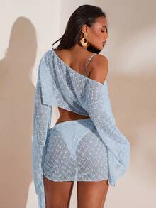 Opulessa Women's Solid Color Beachwear Cover-Up Set Summer Vacation Bikini Bathing Suits - Baby Blue - View 2