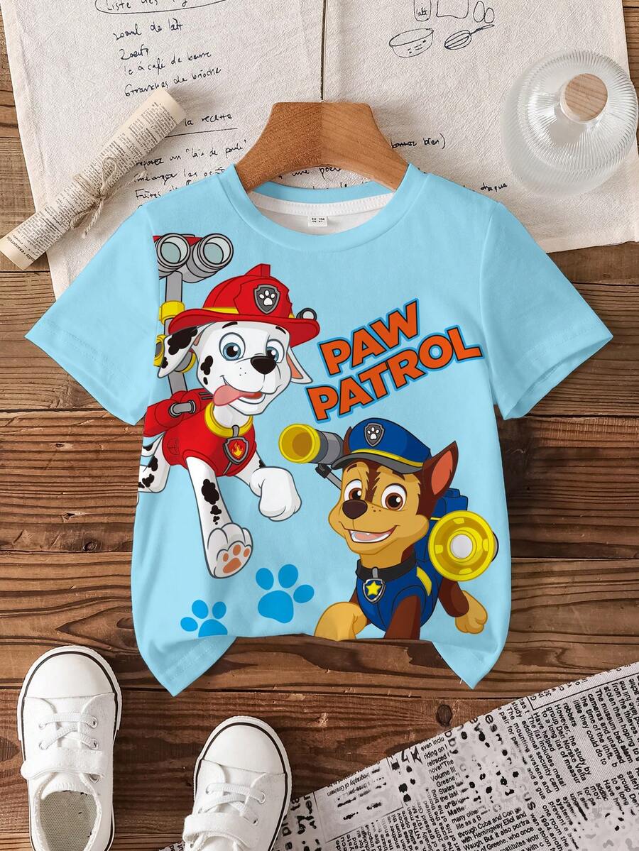 SHEIN | PAW Patrol Áo thun ngắn tay in chữ hoạt hình ngộ nghĩnh dành cho bé trai, thích hợp mặc hàng ngày đi làm, mùa hè. - trắng - Xem 1