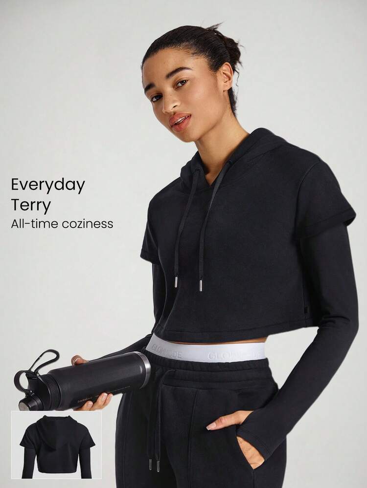 Everyday Terry 2-In-1 Drawstring Long Sleeve Cropped Hoodie Sweatshirt With Thumbhole