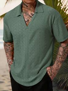Manfinity Dauomo Men's Short Sleeve Polo Shirt, Polo Collar Design, Solid Color Knitted Fabric, Mesh Texture - Army Green - View 1