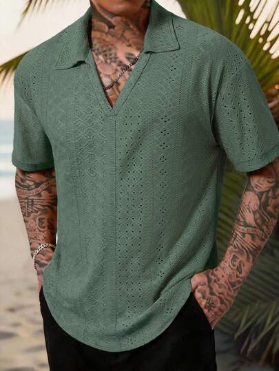 Manfinity Dauomo Men's Short Sleeve Polo Shirt, Polo Collar Design, Solid Color Knitted Fabric, Mesh Texture