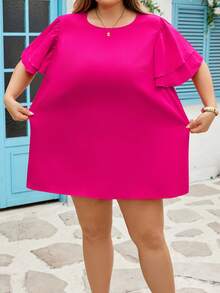 SHEIN CURVE+ 夏季纯色蝴蝶袖衬衫 - 玫紅色 - 查看 4