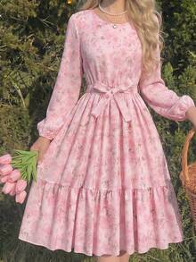 Teen Girls' Casual All-Over Print Long Sleeve Dress, Summer - Pink - View 3