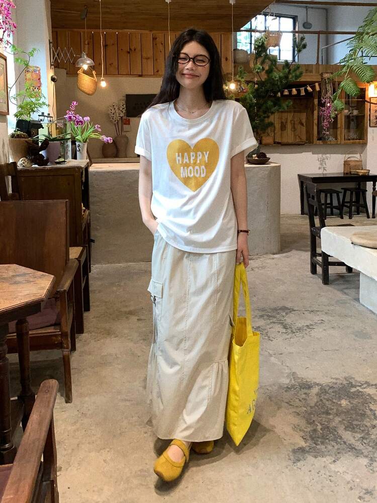 Women's Round Neck Korean Style Heart & Letter Print Short Sleeve T-Shirt