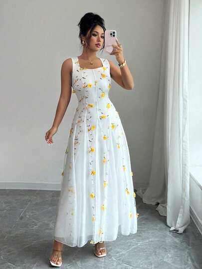 Rafferiza 女士优雅时尚派对宴会3D立体花卉装饰方领网纱拼接下摆A字连衣裙，春夏款