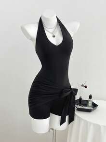 Elamini Women's V-Neck Backless Tight Asymmetric Tie-Up Short Jumpsuit, Spring/Summer Golf Pastal Sexy - Black - View 3