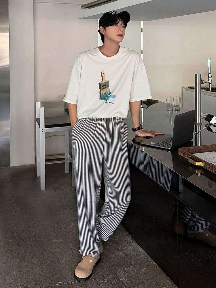 Men's Letter Print Short Sleeve T-Shirt And Pants Set, Multi-Color, Summer