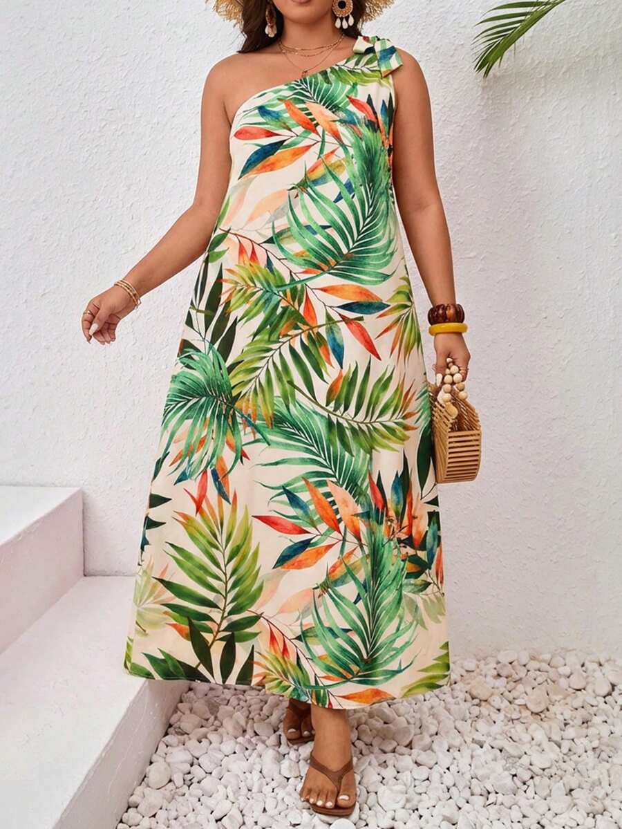 SHEIN VCAY 大码女式热带植物印花无袖系带连衣裙，休闲度假款 - 綠色 - 查看 1