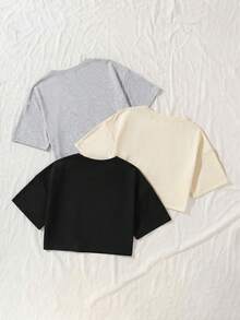 SHEIN Bộ 3 áo thun tay raglan dáng rộng lửng cho bé gái tuổi teen, kiểu dáng thường ngày, đa năng, in chữ. - Nhiều màu - Xem 2