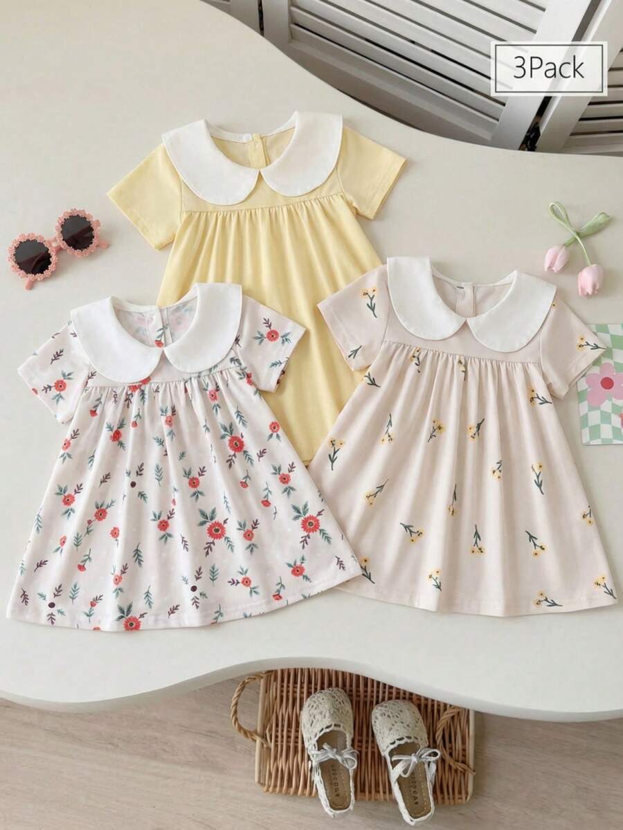 SHEIN Vintaside Kids 3pcs/Set Baby Girl Fresh Cute Floral Patchwork Peter Pan Collar Dress Set, Casual Outdoor Party Social Occasions - Multicolor - View 1