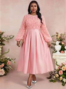 Fleurora Abito elegante da festa con fiori, in taglie comode, con maniche a lanterna e inserti in rete - Rosa antico - Visualizzare 4