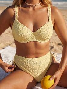 Swim Mod Plus Size European And American Steel Framed Gather Swimwear Set, Soft Cup Bikini With Jacquard Texture In Light Yellow - Yellow - View 2