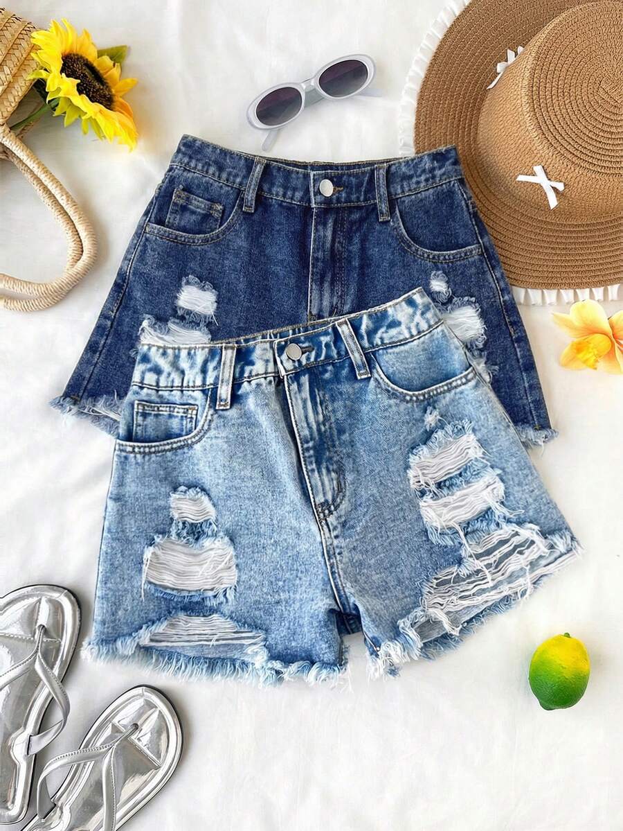SHEIN 2件套少女蓝黑破洞牛仔短裤 - 彩色 - 查看 1