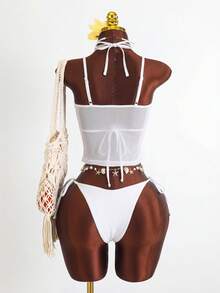 Zestiva 三件套：夏季度假沙滩网纱印花纯色吊带背心、三角比基尼上衣和系带泳裤，性感女士吊带泳衣套装 - 白色 - 查看 2