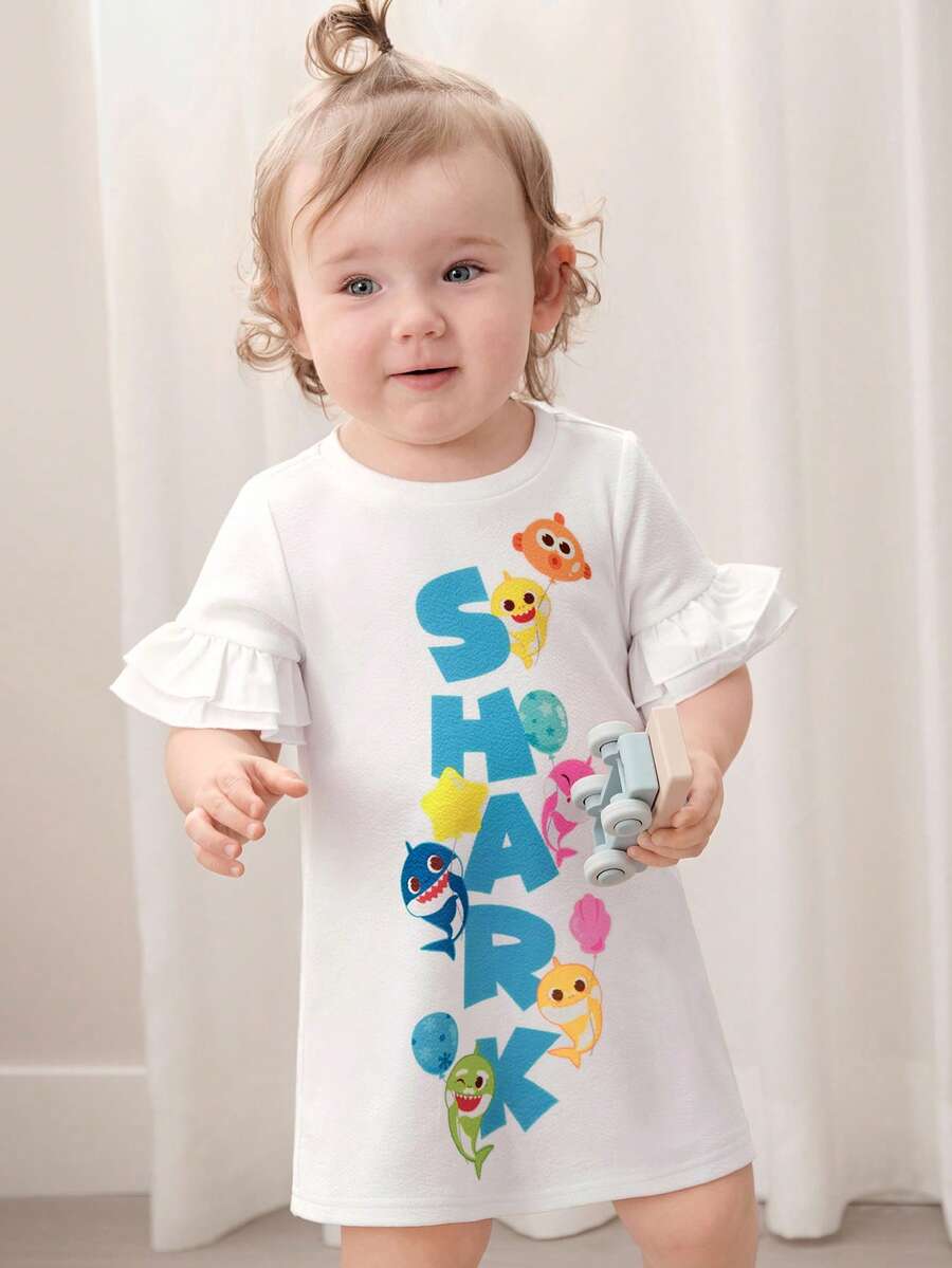 BABY SHARK X SHEIN 1 chiếc đầm ngắn tay cổ tròn in hình cá mập dễ thương cho bé gái - trắng - Xem 1