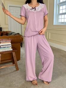 DAZY Women's Elegant Lace Ruffle Collar Knit Pajama Set, Summer - Pink - View 3