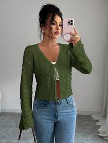 Elenzga Women's Elegant Tie-Front Hollow Out Cardigan - Army Green - View 4