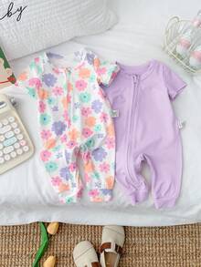 SHEIN 2件套新生女宝宝可爱碎花针织短袖连体衣 - 淡紫色 - 查看 5