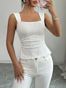 Elenzga Áo tank top dệt kim không tay cổ vuông, chất liệu jacquard, kiểu dáng thanh lịch và sang trọng cho kỳ nghỉ. - trắng - Xem 5