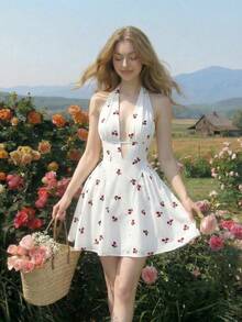 SHEIN MOD 女士樱桃印花露背迷你连衣裙 - 白色 - 查看 2