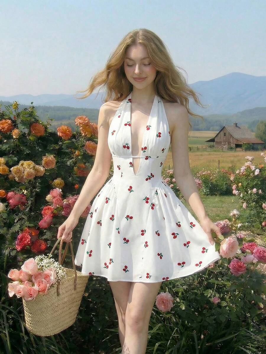 SHEIN MOD 女士樱桃印花露背迷你连衣裙