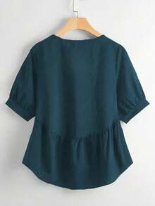 SHEIN Clasi 加大码纯色荷叶边高低摆衬衫，圣诞节佩普勒姆上衣 - 青檸色 - 查看 3