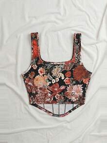 SHEIN VCAY Plus Size Women Floral Print Square Neck Camisole - Rust Brown - View 2
