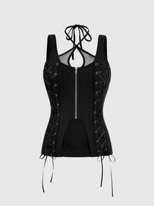 ROMWE Spring And Summer Plus Size Gothic Sexy Criss-Cross Mesh Pierced Lace-Up Halter Top, Plus Size Gothic Street Style - Black - View 1