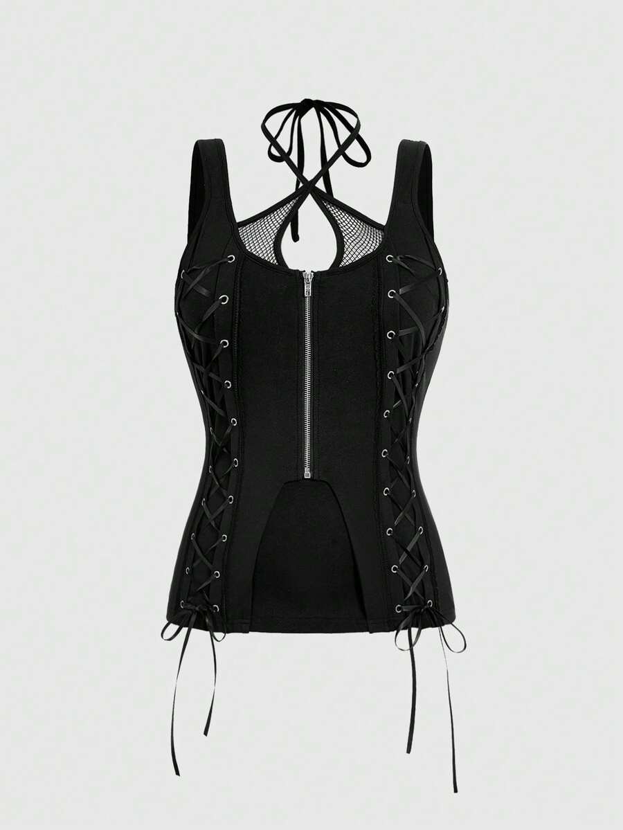 ROMWE Spring And Summer Plus Size Gothic Sexy Criss-Cross Mesh Pierced Lace-Up Halter Top, Plus Size Gothic Street Style - Black - View 1