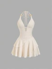 Sweetra Women's Apricot V-Neck Spaghetti Strap Sleeveless Dress With Wooden Ring Hollow Design And Asymmetrical Hem, Suitable For Spring/Summer Vacation - Apricot - View 3