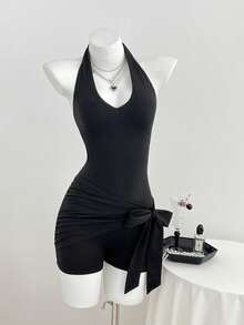 Elamini Women's V-Neck Backless Tight Asymmetric Tie-Up Short Jumpsuit, Spring/Summer Golf Pastal Sexy - Black - View 4