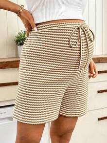 SHEIN Quần short bầu dáng casual kẻ sọc, cạp chun điều chỉnh được. - Màu Khaki - Xem 3