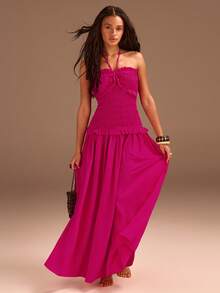 Athîral Đầm cổ yếm thường ngày dành cho nữ, màu đỏ hồng. - Màu Hồng Tươi - Xem 4