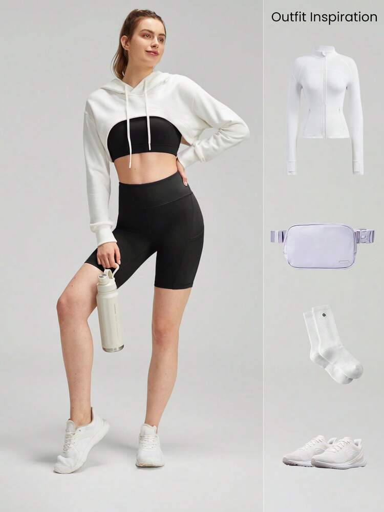 2 Pieces FeatherFit™ Sports Bra & 8'' Shorts Set Strappy Back Bra Tank Top With High Waist Side Pockets Biker Shorts Low Impact Yoga Pilates Daily Running Gym Workout Summer