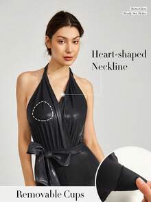 Foiled Leather Effect Halter Jumpsuit With Detachable Belt Light Support - Black - View 5