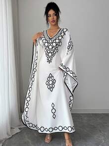 Elenzga Latest Spring & Summer V-Neck Loose Batwing Sleeve Long Dress, Black & White Fashionable Design Sense Dress For Women - Black and White - View 5
