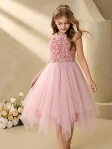 Đầm công chúa vạt bất đối xứng cho bé gái, đầm dự tiệc không tay cho trẻ em, đầm dự tiệc vạt bất đối xứng cho bé gái, bộ đồ biểu diễn múa bằng voan bồng bềnh cho bé gái nhân dịp sinh nhật. - Hồng - Xem 5