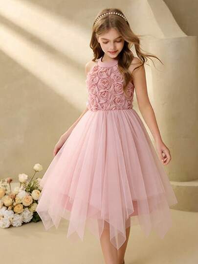 Girls' Asymmetrical Hem Princess Dress, Children's Sleeveless Party Dress, Flower Girl Asymmetrical Hem Dress, Little Girl Birthday Puffy Tulle Dance Performance Outfit